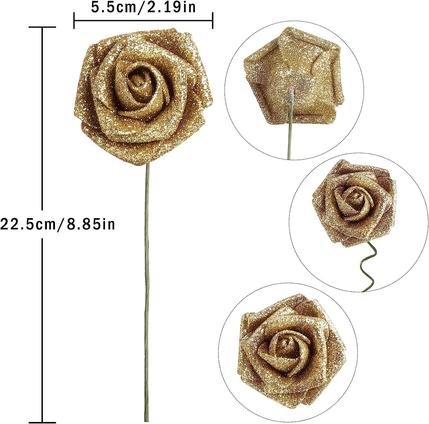 Artificial Roses Flowers,50pcs Gold Glitter Foam Rose with Stem,Silver Fake Rose flowers Bulk