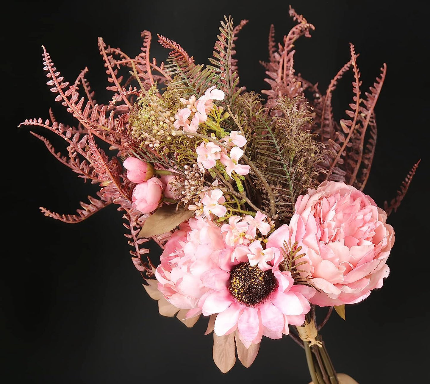 Pink Silk Peony Fake Fern Artificial Sunflower Flowers Bouquets