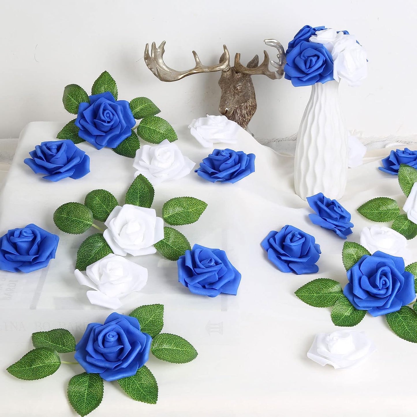 100pcs Royal Blue Artificial Rose Flower Heads, 3inch White Foam Roses Bulk Stemless Fake Flower