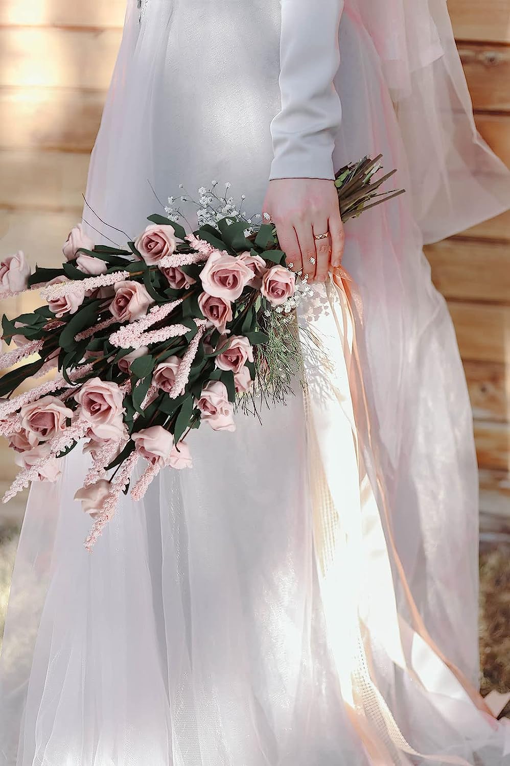 Pink Roses 10 Branches Foam Flowers with Ear of Wheat Faux Pink Flower Stems