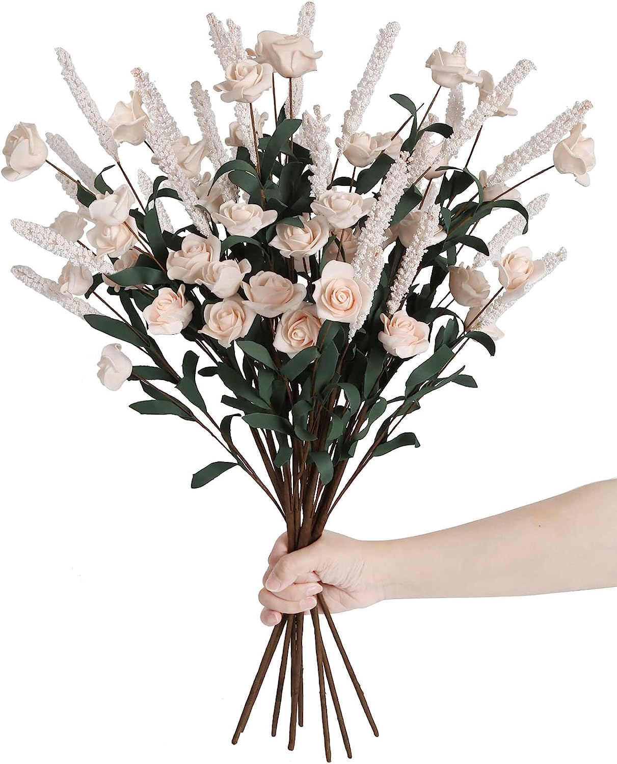 Pink Roses 10 Branches Foam Flowers with Ear of Wheat Faux Pink Flower Stems