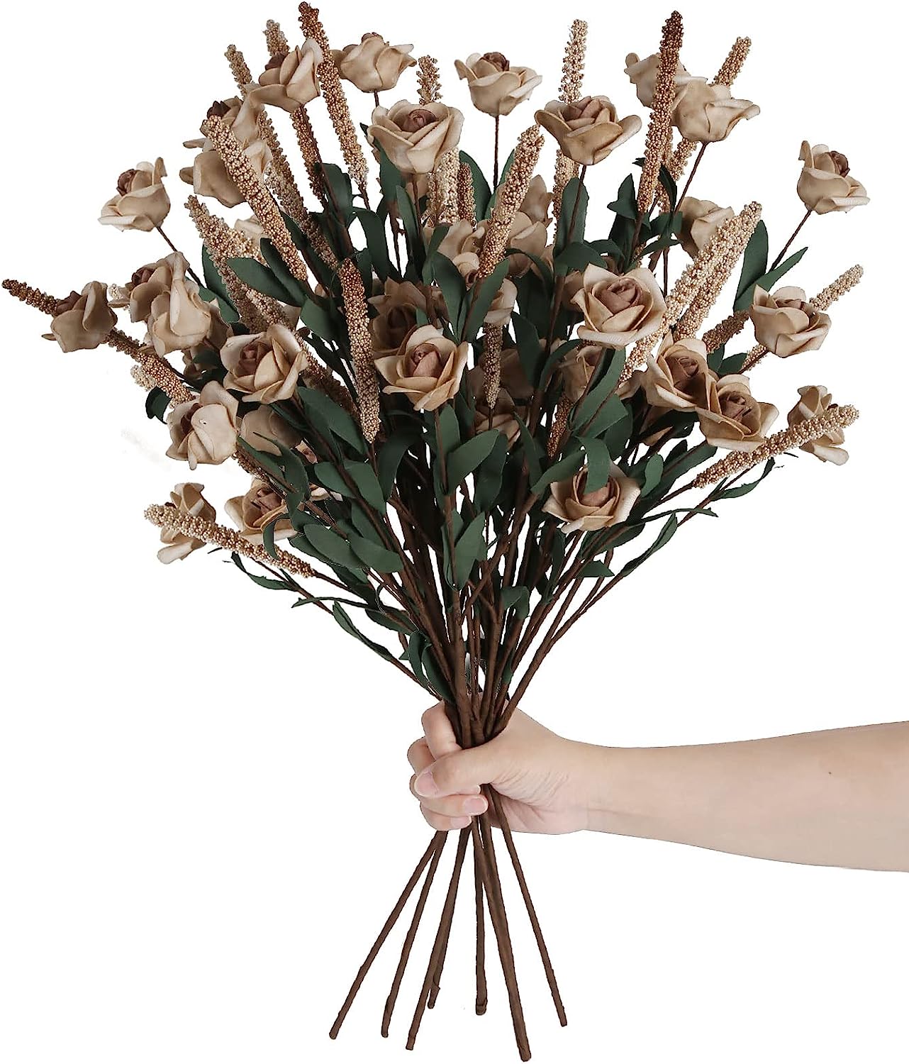 Pink Roses 10 Branches Foam Flowers with Ear of Wheat Faux Pink Flower Stems