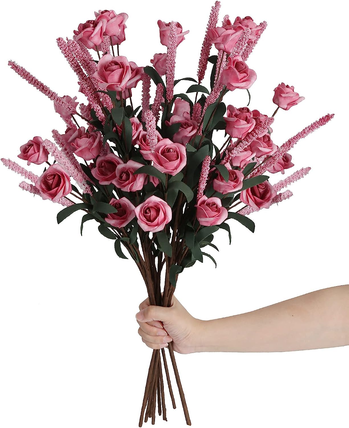 Pink Roses 10 Branches Foam Flowers with Ear of Wheat Faux Pink Flower Stems