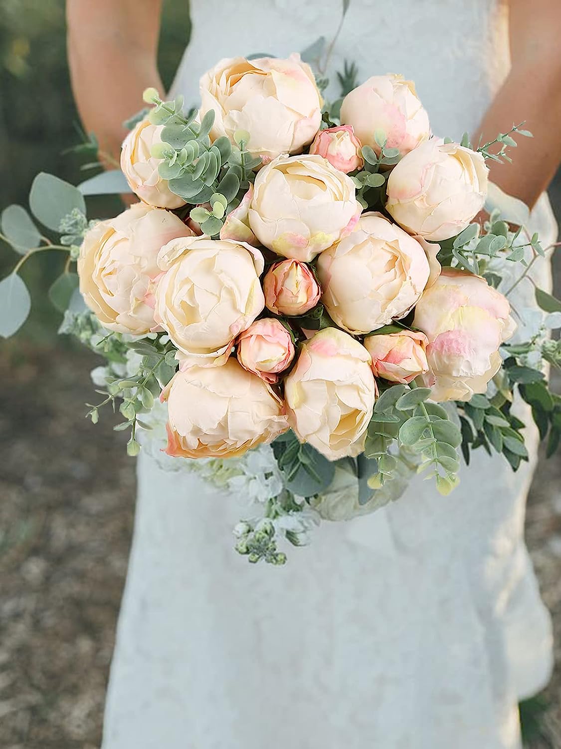 2 Bouquets Peonies Artificial Flowers, Vintage Peonies 18pcs White Fake Flowers