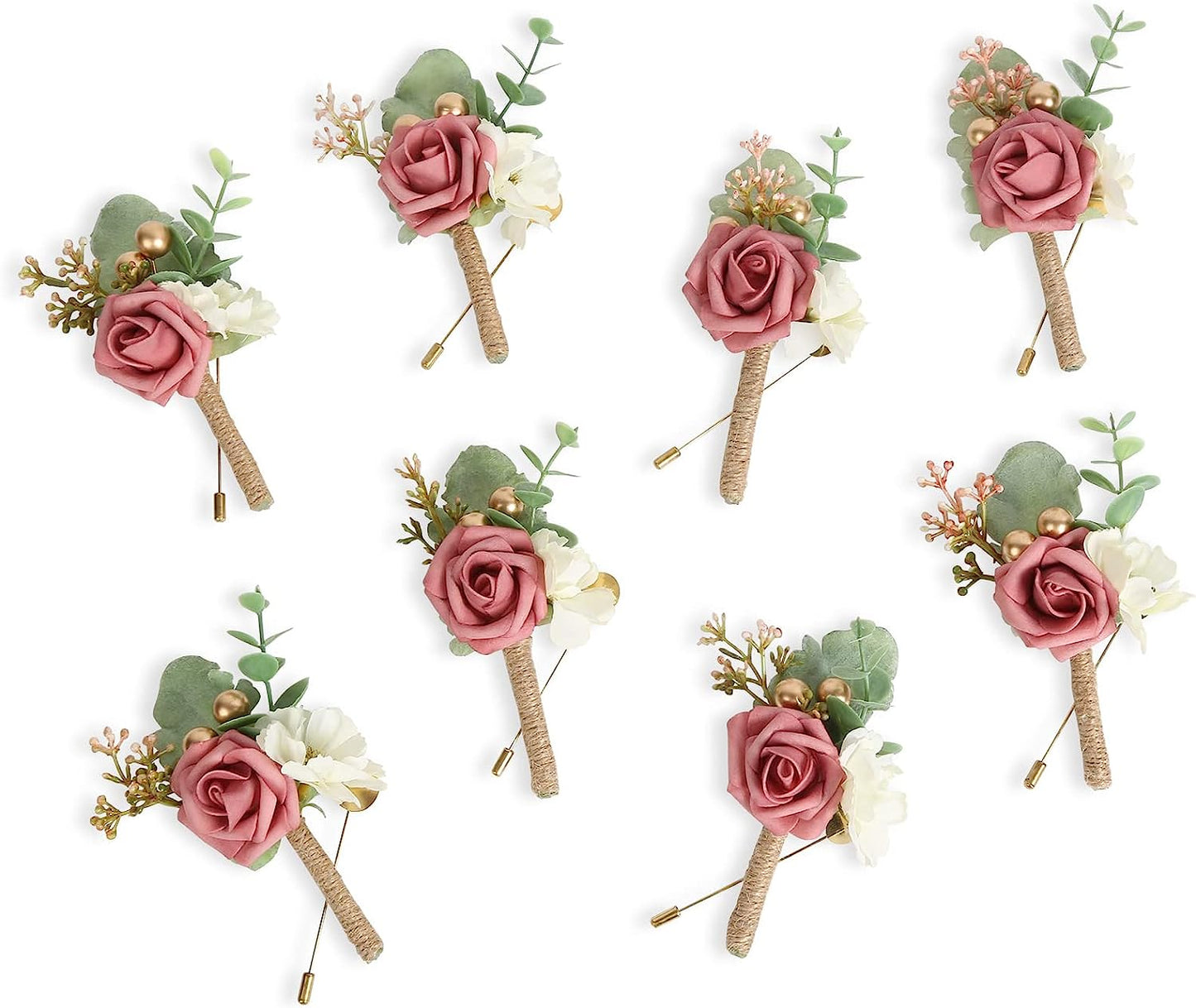 Set of 8 White Rose Boutonniere