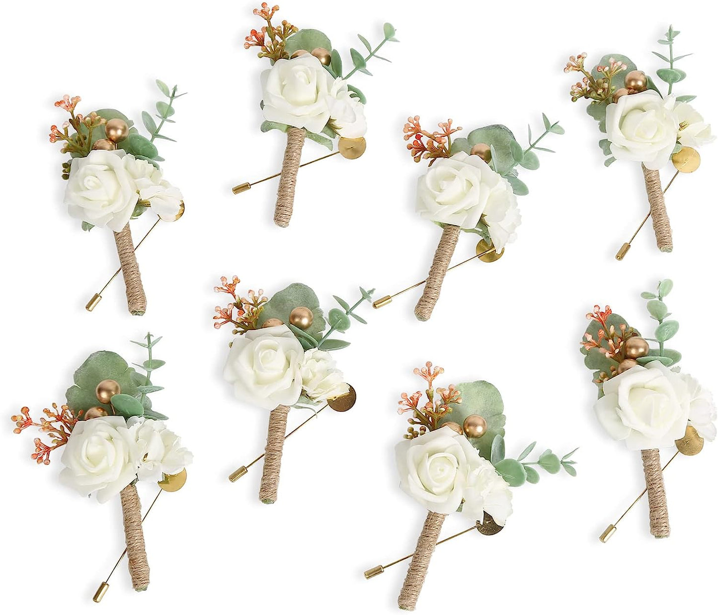 Set of 8 White Rose Boutonniere