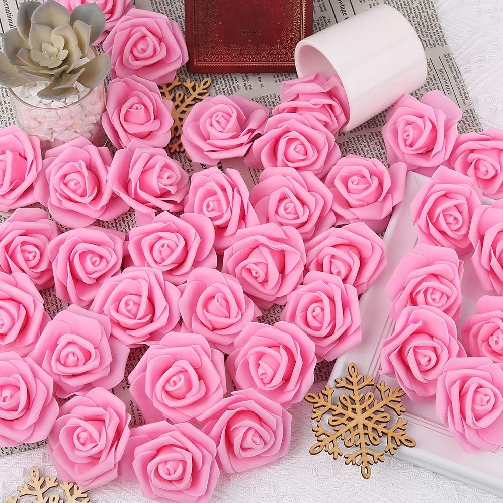 200pcs 3-Inch Pink Artificial Foam Rose Flower Head