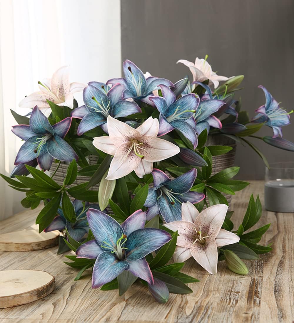 Blue Artificial Lily Flowers 5PCS Vintage Lily Silk Flowers