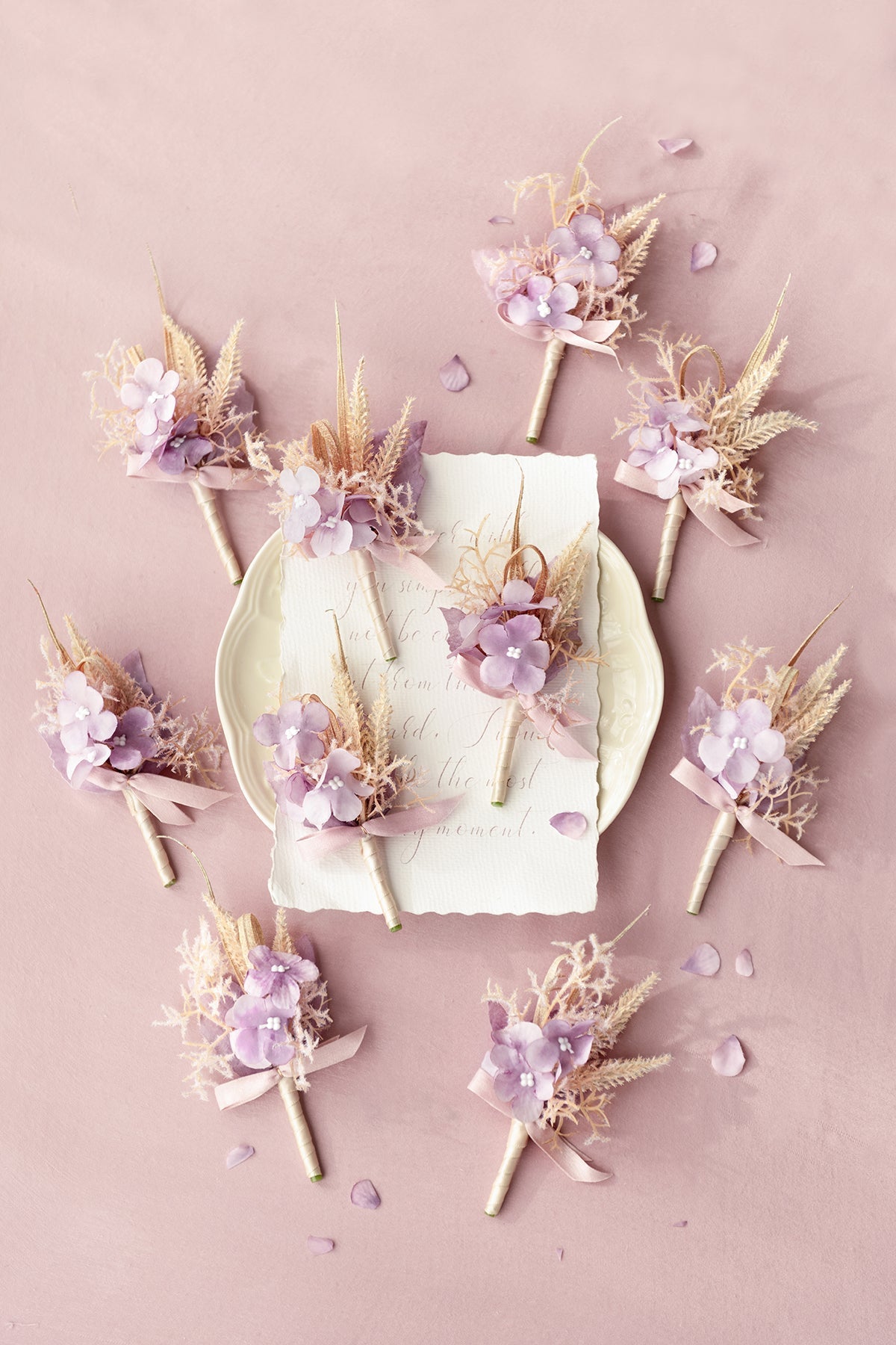 Boutonnieres for Guests in Lavender Aster & Burnt Orange