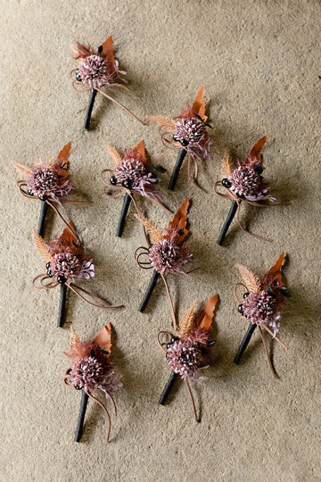 Boutonnieres for Guests in Twilight Purple & Harvest Orange | Clearance