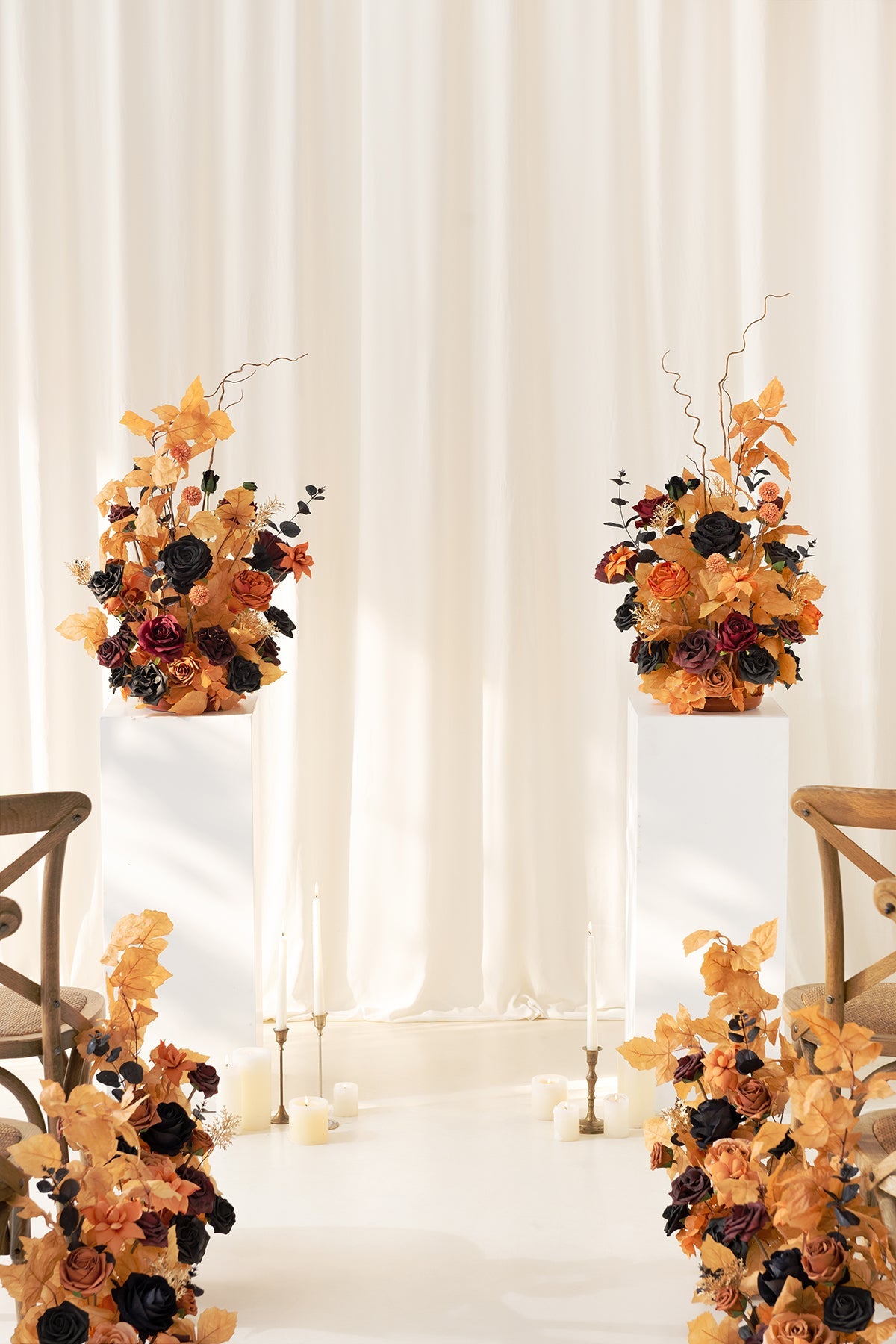 Oversized Free-Standing Ground Flower Arrangements in Black & Pumpkin Orange