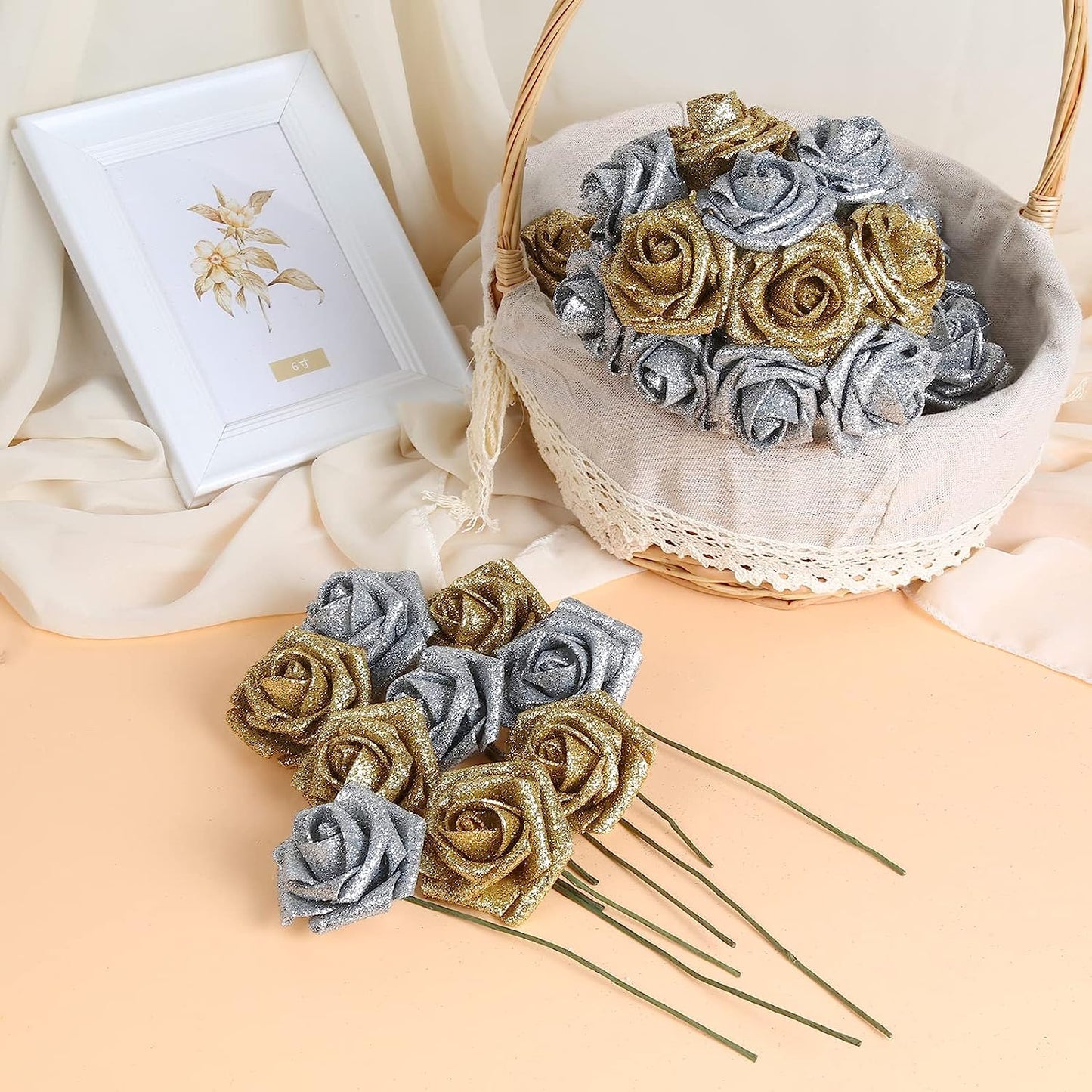 Artificial Roses Flowers,50pcs Gold Glitter Foam Rose with Stem,Silver Fake Rose flowers Bulk