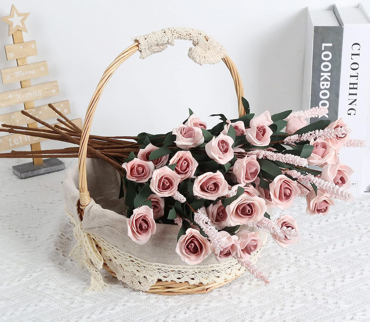 Pink Roses 10 Branches Foam Flowers with Ear of Wheat Faux Pink Flower Stems