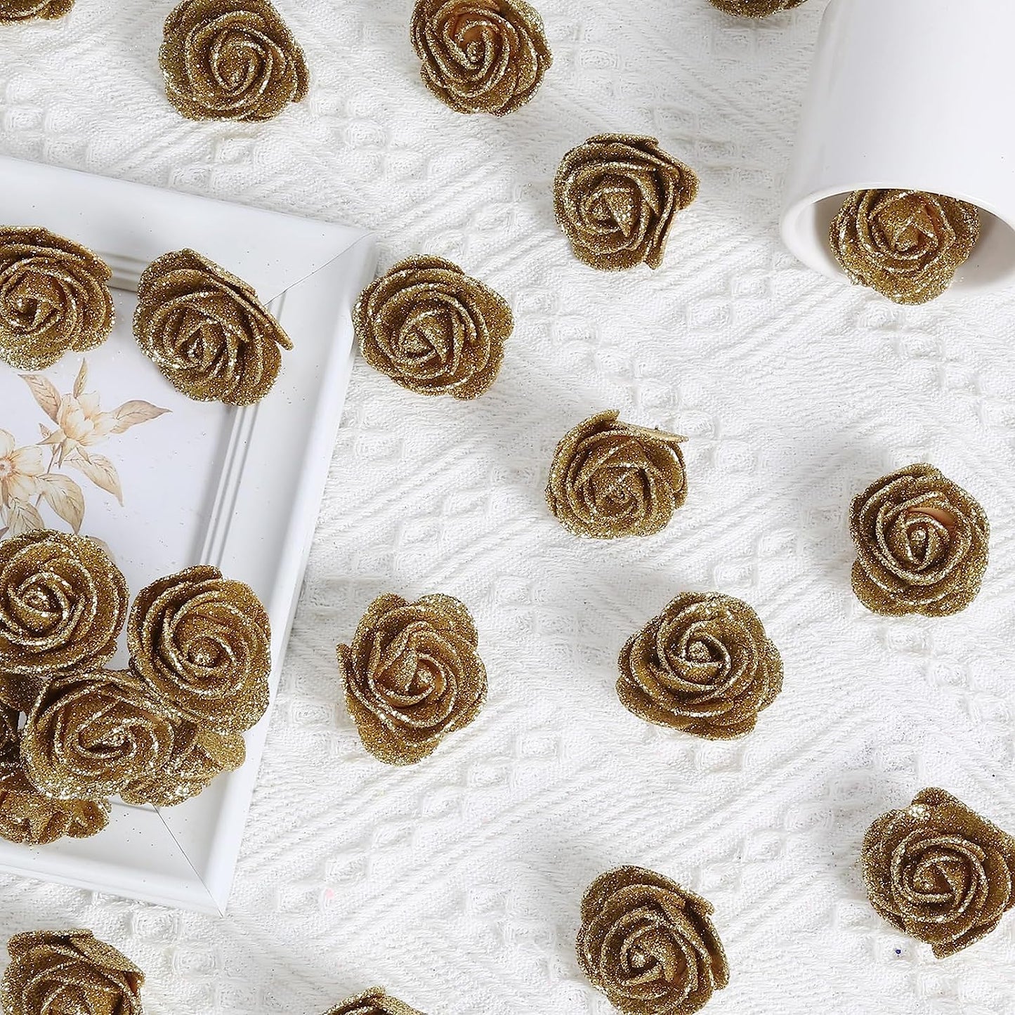 60pcs Mini Gold Glitter Foam Rose, 4.5cm Artificial Rose Flowers Bulk