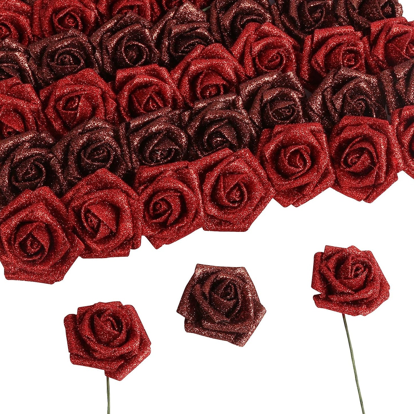 Artificial Roses Flowers,50pcs Gold Glitter Foam Rose with Stem,Silver Fake Rose flowers Bulk