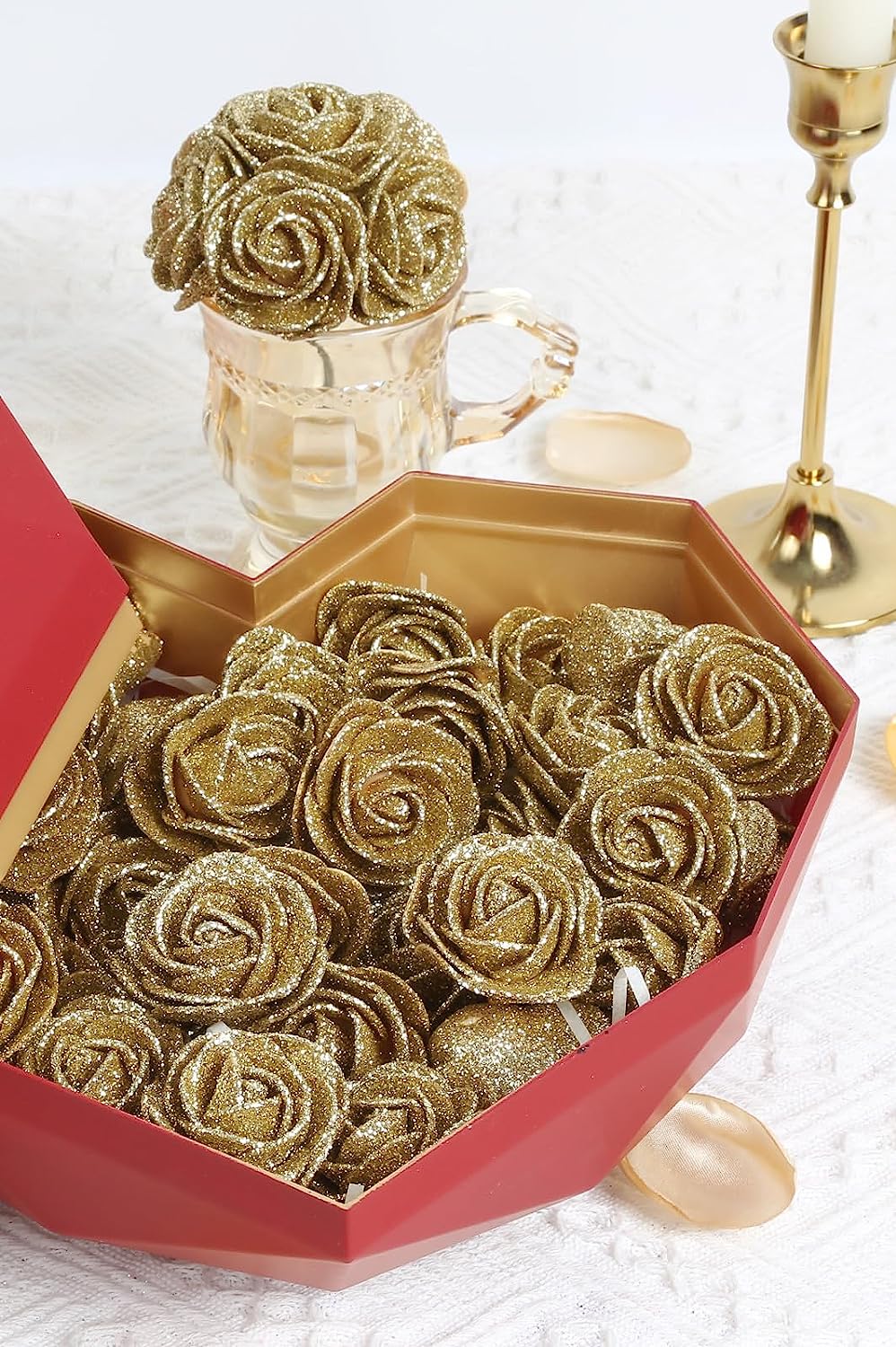 60pcs Mini Gold Glitter Foam Rose, 4.5cm Artificial Rose Flowers Bulk