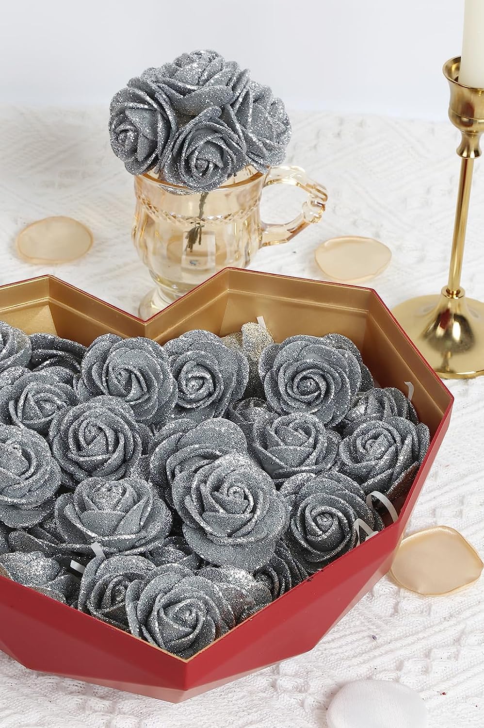 60pcs Mini Gold Glitter Foam Rose, 4.5cm Artificial Rose Flowers Bulk