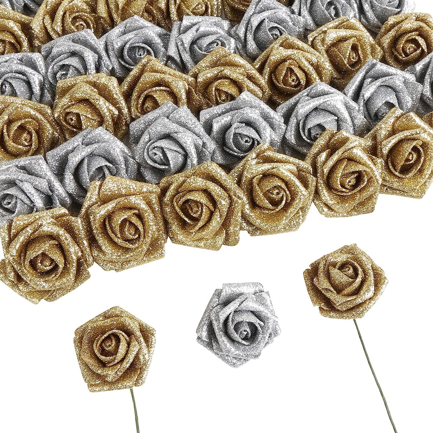 Artificial Roses Flowers,50pcs Gold Glitter Foam Rose with Stem,Silver Fake Rose flowers Bulk