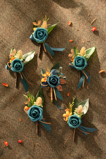 Boutonnieres in Dark Teal & Burnt Orange