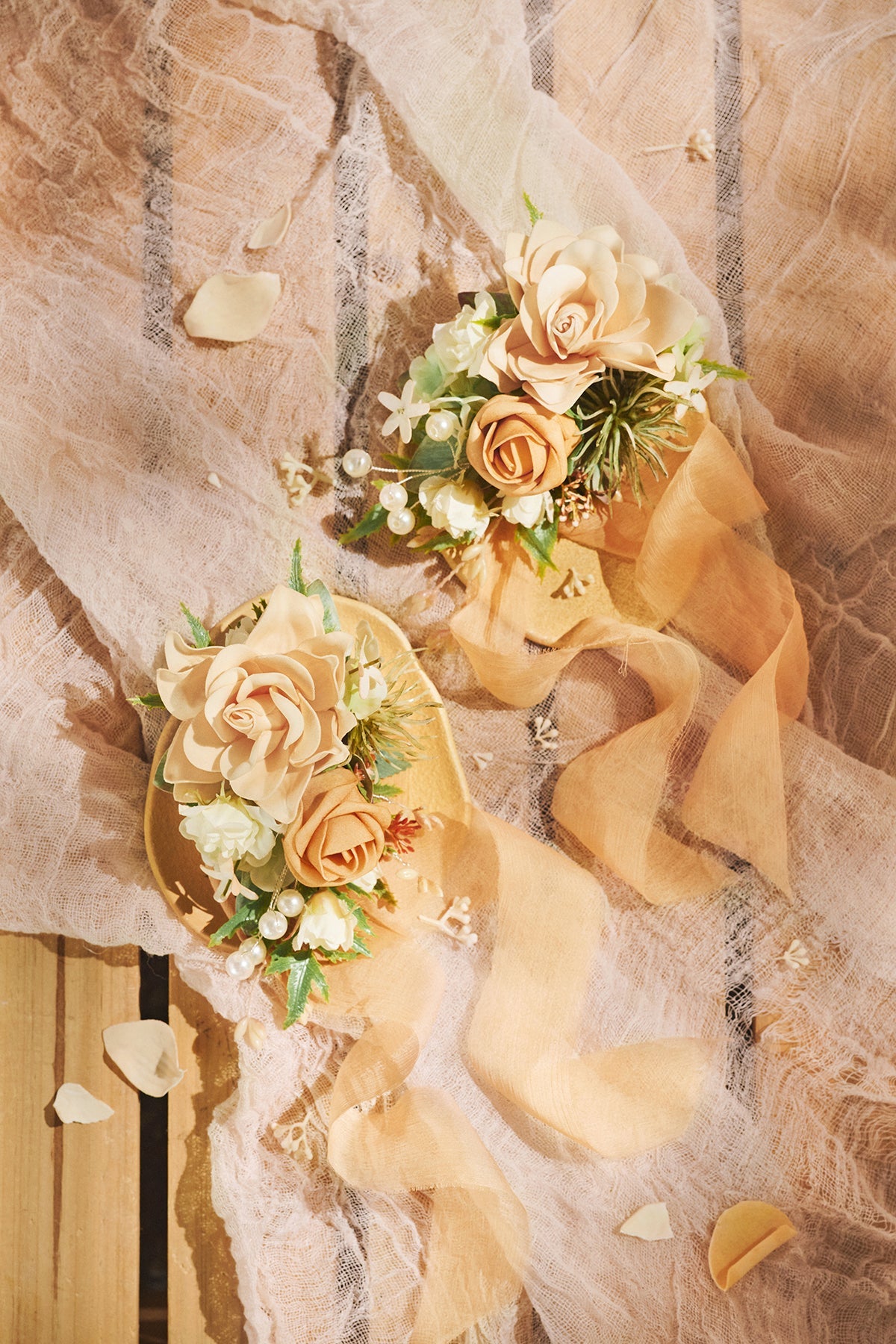 Wrist and Shoulder Corsages in Sunny Peach & Apricot