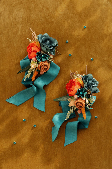 Wrist and Shoulder Corsages in Dark Teal & Burnt Orange