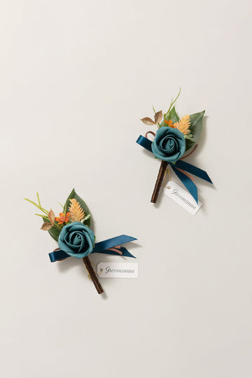 Boutonnieres in Dark Teal & Burnt Orange