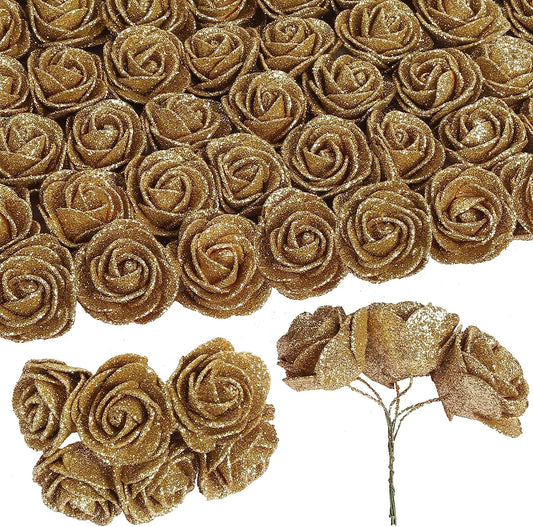 60pcs Mini Gold Glitter Foam Rose, 4.5cm Artificial Rose Flowers Bulk