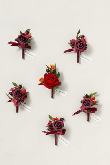 Boutonnieres in Bordeaux Red & Wine...