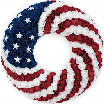 15.7 Inch Patriotic Rose Wreath, 4th of July Summer Soft Touch Foam Rose Wreath for Front Door, Handmade Memorial Day Artificial Flower Wreath for Indoor and Outdoor...