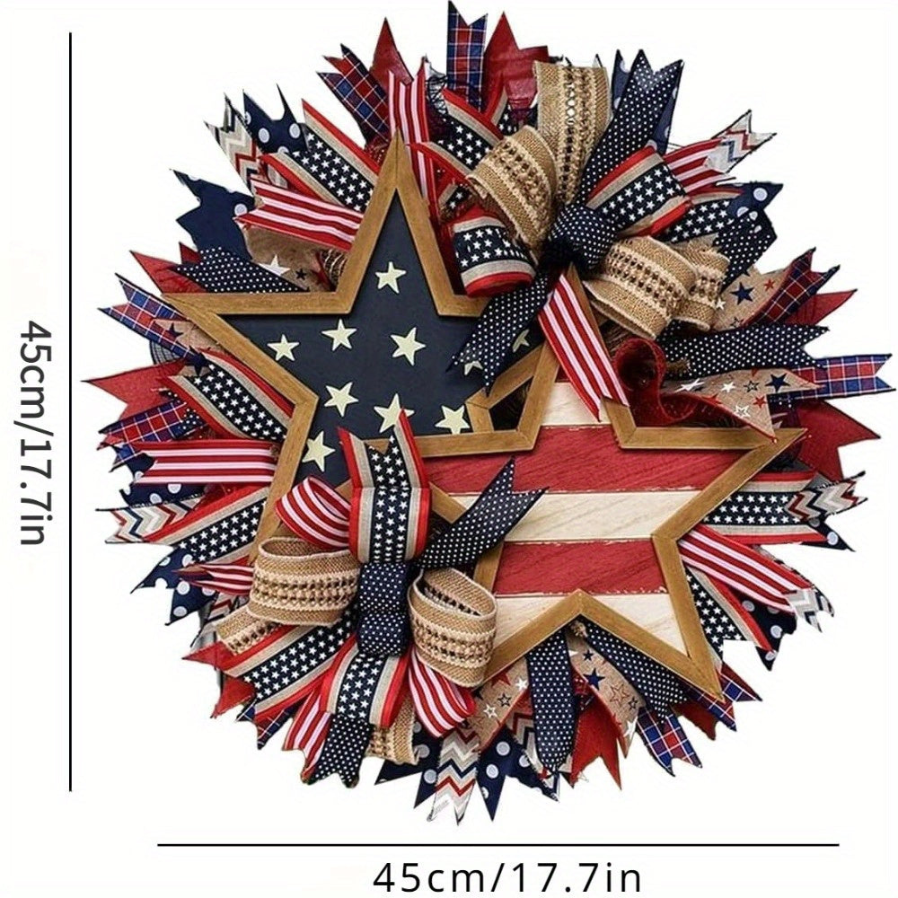 4th of July Patriotic Wreath, 17.7 Inch Memorial Day Front Door Pride Wreath, Red White and Blue Flag Wreath, Freestanding Swag Indoor Outdoor Wall Holiday Decor Home...