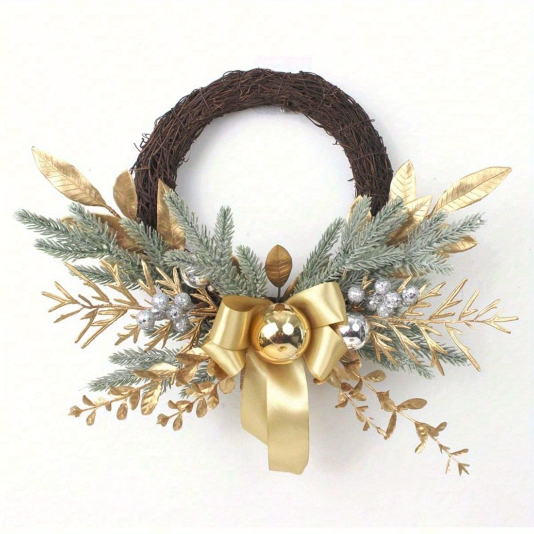 1pc Christmas Wreath 19.6 Inch Christmas Ornaments Wreath Christmas Balls Pine Cones Gold Branches Pine Needles and Silver Berries for Doors and Windows Indoor Outdoor Home Decor...