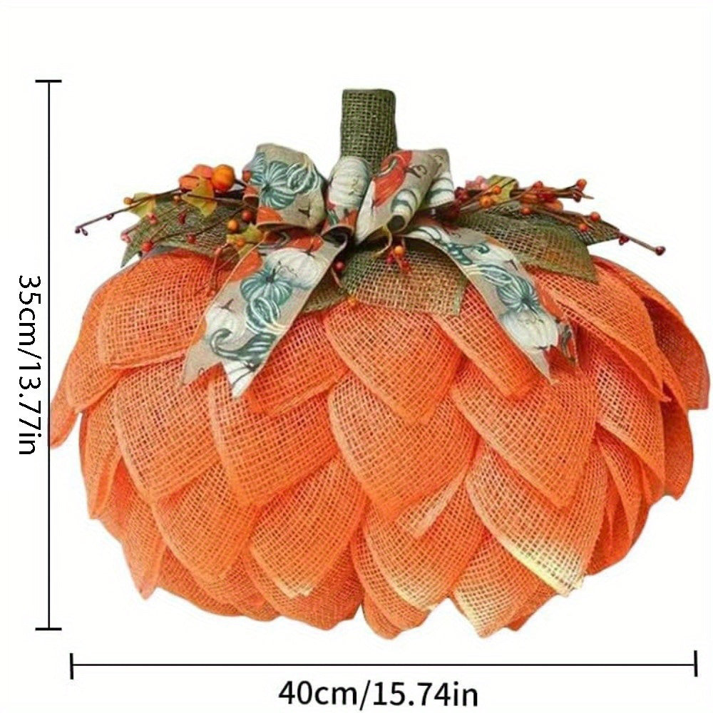 15.74IN Autumn Pumpkin Wreath with Bows and Berries, Front Door Fall Decorations for Home Porch, Burlap Pumpkin Garland for Autumn Fall Halloween Christmas Thanksgiving Wall Decor