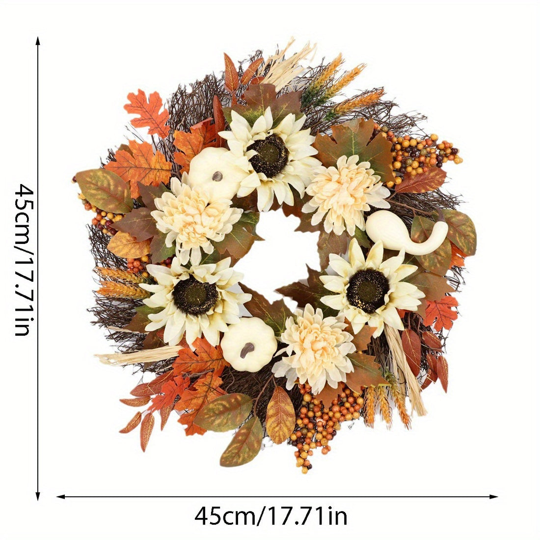 17.71 Inch Fall Decor Wreaths for Front Door, Leaf Wreath Vibrant Colors Porch Neutral Autumn Realistic Pumpkin Decorations Fall Wreaths for Halloween Wreath Thanksgiving Harvest Decoration