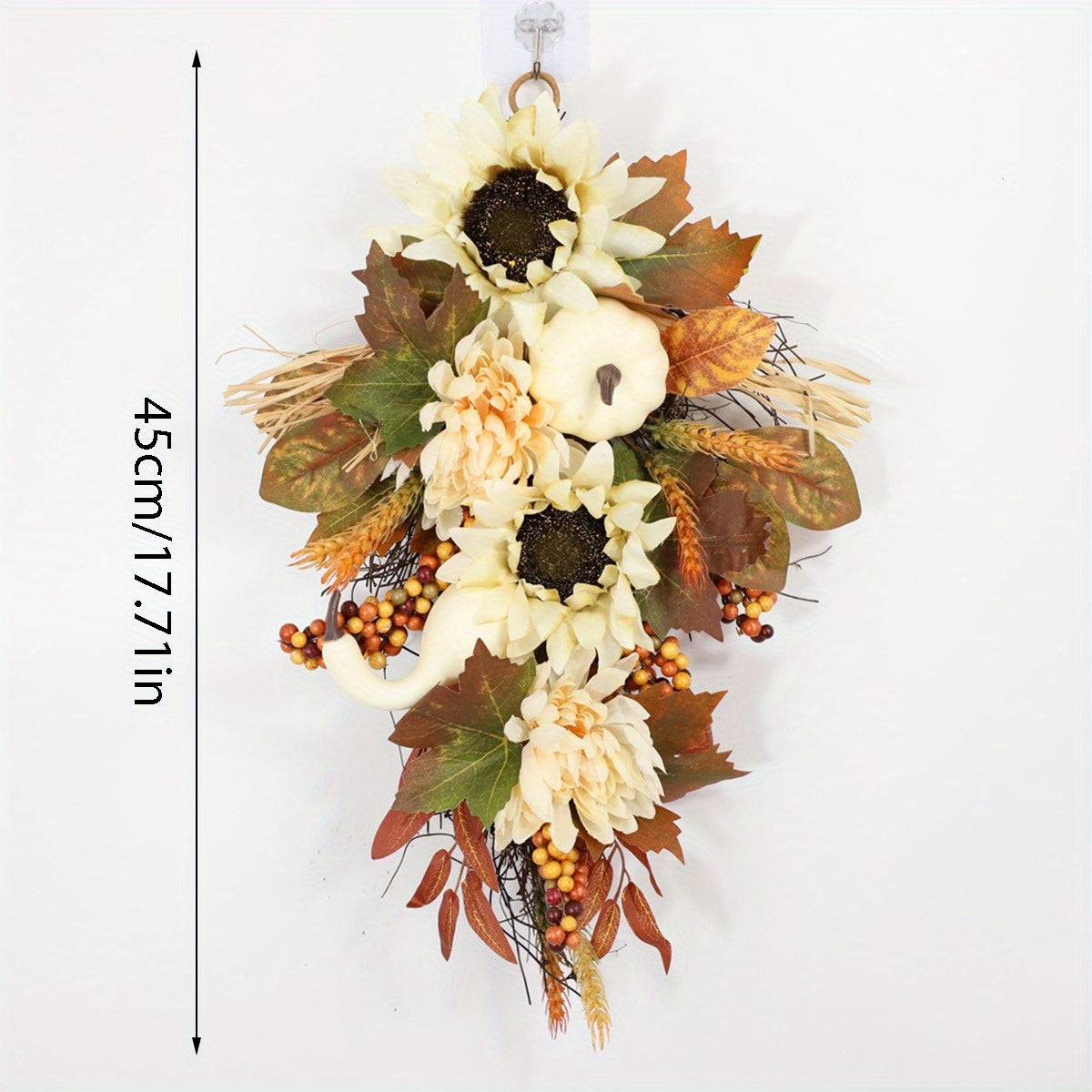 17.71in Fall Wreath Artificial White Pumpkin Wreath, White Sunflower Autumn Harvest Wreath with Leaves Flower Fall Door Garland Thanksgiving Theme Swag Teardrop Swag Halloween Wreath for Front Door