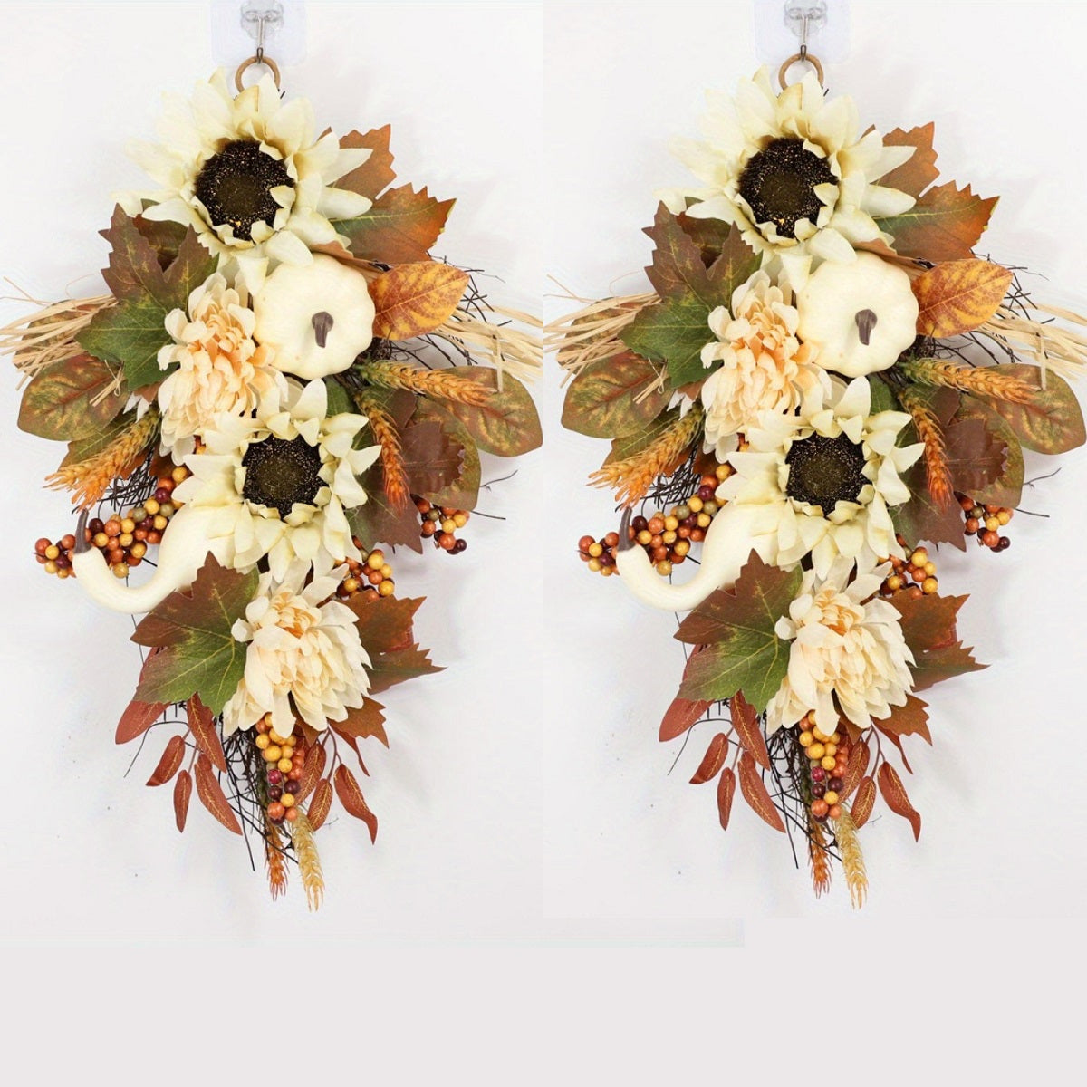 2 Pcs Fall Wreath Artificial White Pumpkin Wreath, 17.71in White Sunflower Autumn Harvest Wreath with Leaves Flower Fall Door Garland Thanksgiving Theme Swag Teardrop Swag Halloween Wreath for Front Door