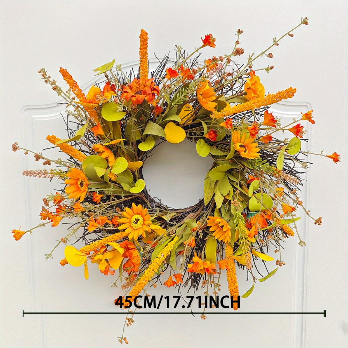 17.7" Fall Door Wreath Orange Farmhouse Harvest Sunflower Wreath with Daisy Flowers Thanksgiving Fall Wreaths for Front Door Outside Indoors