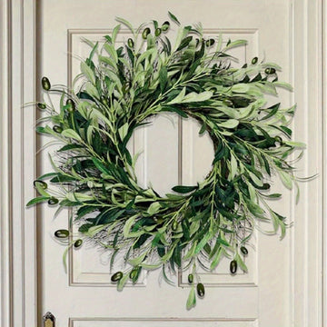 17 Inch Artificial Green Olive Garland Greenery Wreath Olive Leaves, Olive Beans Front Door Indoor Outdoor Farmhouse Home Wall Window Holiday Wedding Decor...