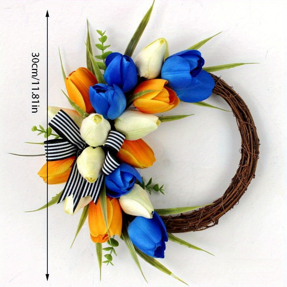 Spring Summer Tulip Wreath Patriotic American Wreath Front Door Artificial Flowers July 4th Independence Day Wreath Farmhouse Window Door Decoration...