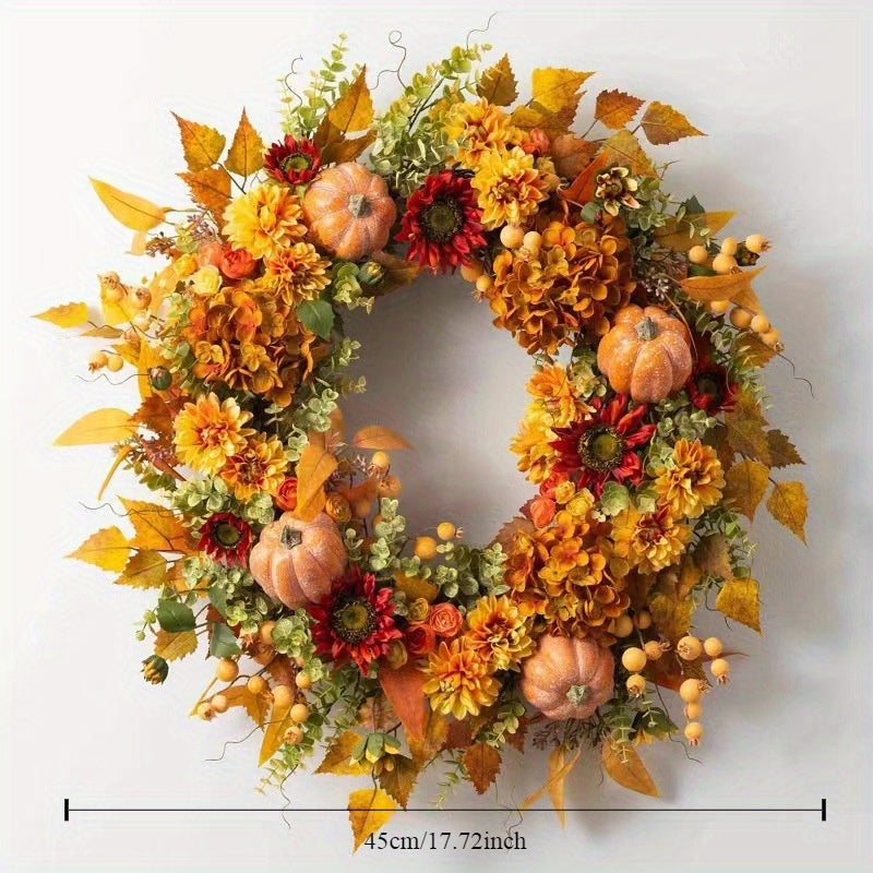 17.7in Artificial Fall Wreath for Front Door, Fall Decor Autumn Wreath Artificial Fall Harvest Wreath Autumn Maples Leaf Pumpkin Pine Cone Berry Wreath Fall Decorations Thanksgiving Halloween Decor