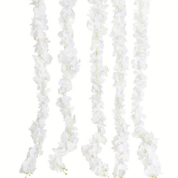 5pcs White Long Wisteria Artificial Flowers Garland 33ft Fake Hanging Hydrangea Silk Flowers Vine Faux Wisteria Vine for Wedding Outdoor Party Garden Centerpieces Table Decorations