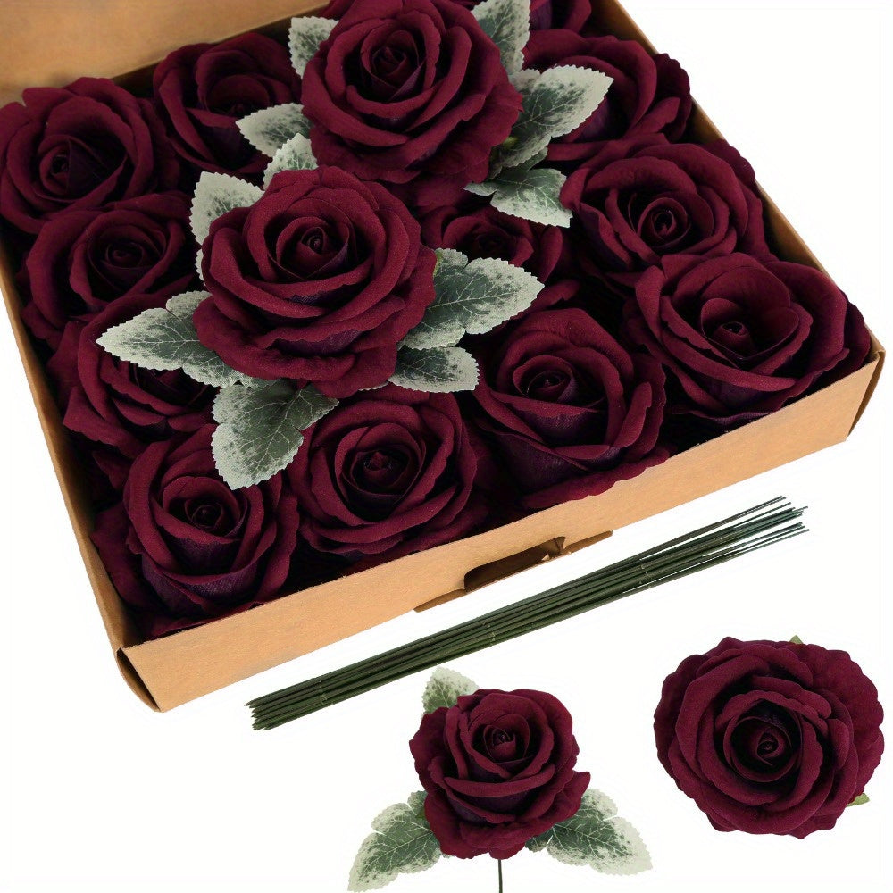 16 Pcs Velvet Artificial Roses Flowers 3.93'' Large Fake Rose in Bulk Real Touch Silk Flowers for DIY Wedding Bouquet Home Party Garden Decorations