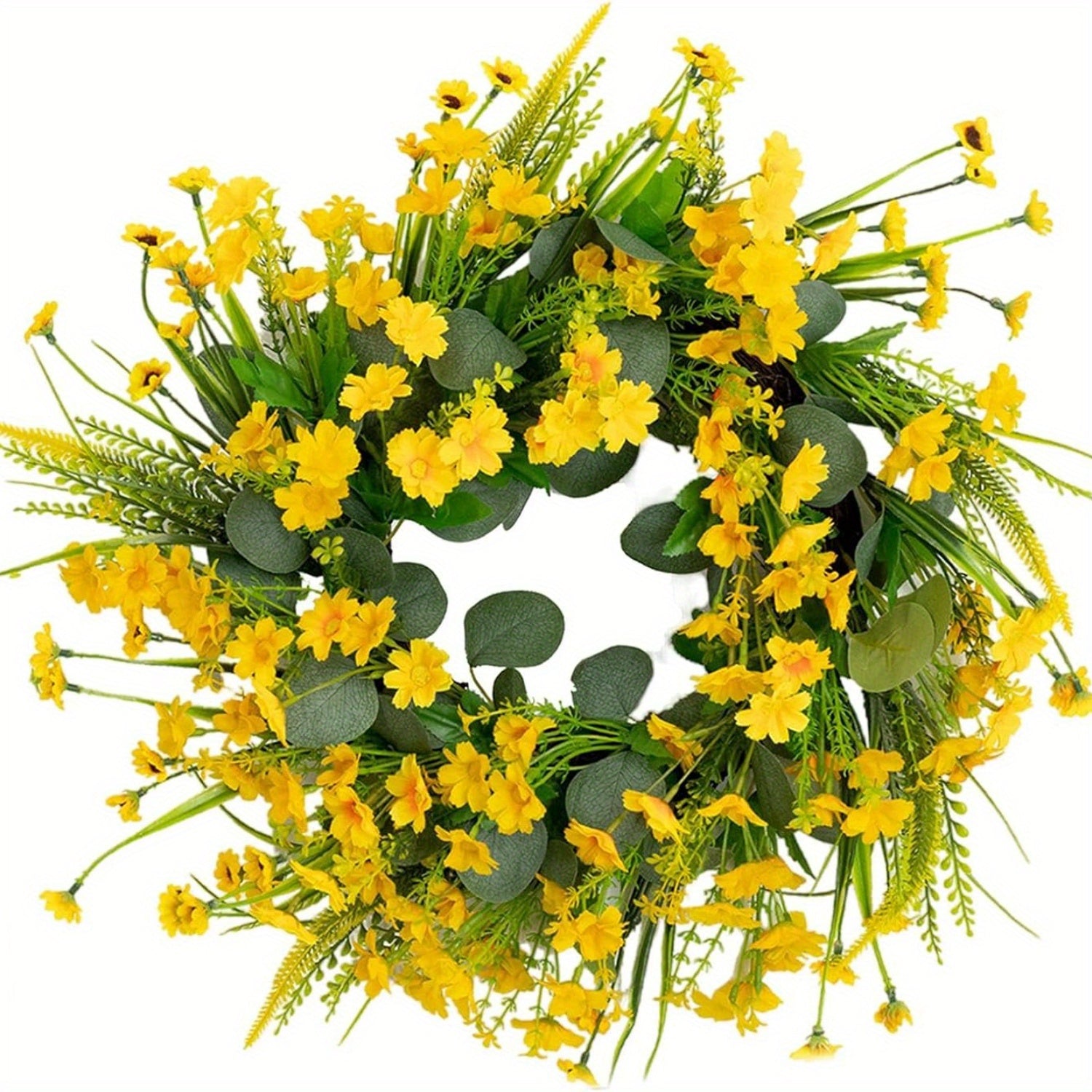 17.7in Artificial Daisy Wreath with Eucalyptus Leave Summer Home Yellow Decorative Wreath Outdoor Photography Props Front Door Hanging Decoration Garden Decoration