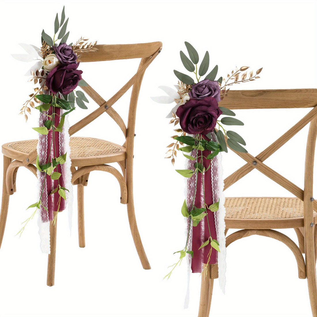 Wedding Aisle Decoration 4-piece Wedding Chair Decoration Flower Bench Flower Chair Back Floral Flower Decoration Willow Leaf Decoration Suitable for Church Ceremony Party Outdoor Reception...