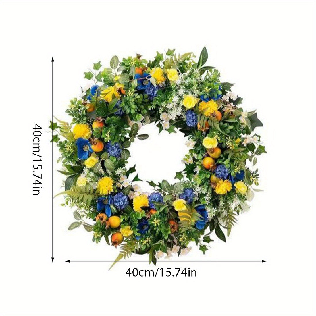 Spring and summer carnation wreath on front door, blue and yellow floral door wreath for outdoor garden farmhouse yard decoration...