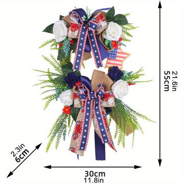 July 4th Independence Day Wreath Decoration, 21.6 Inch Artificial Greenery Flowers Front Door Farmhouse Spring Wreath, Summer Patriotic Independence Day Decoration Wooden Door Sign...