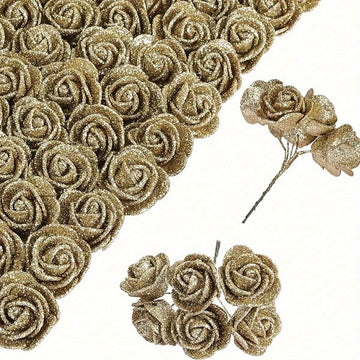 Artificial Roses with Stems, 72 Pieces Glitter Roses 1.37 Inch Foam Rose Glitter Flowers Mini Rose Crafts DIY Wedding Party Home Decor...