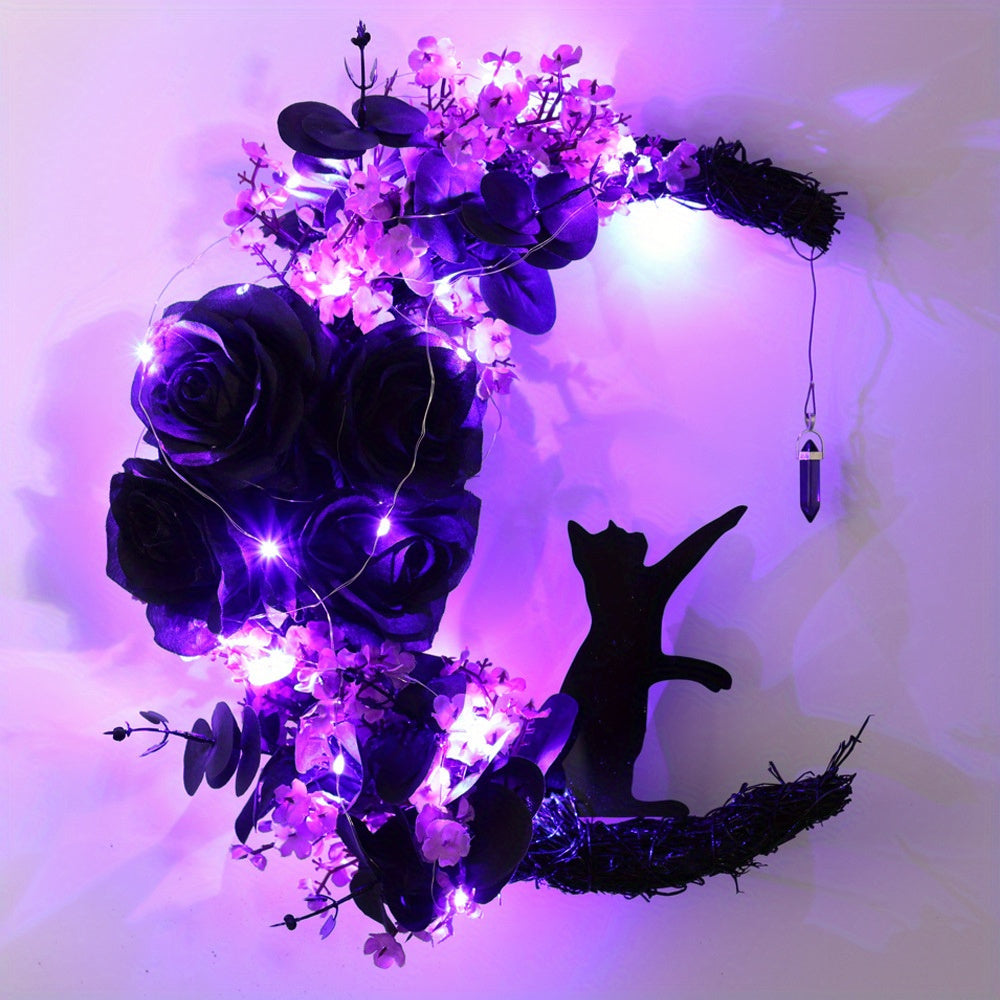 Halloween Wreaths Decor for Front Door with Lights, 13.77in Halloween Moon Wreath with Black Cat Wreath, Halloween Wreath Horror Decorations for Home Party Window Wall Indoor Outdoor (Battery not included)