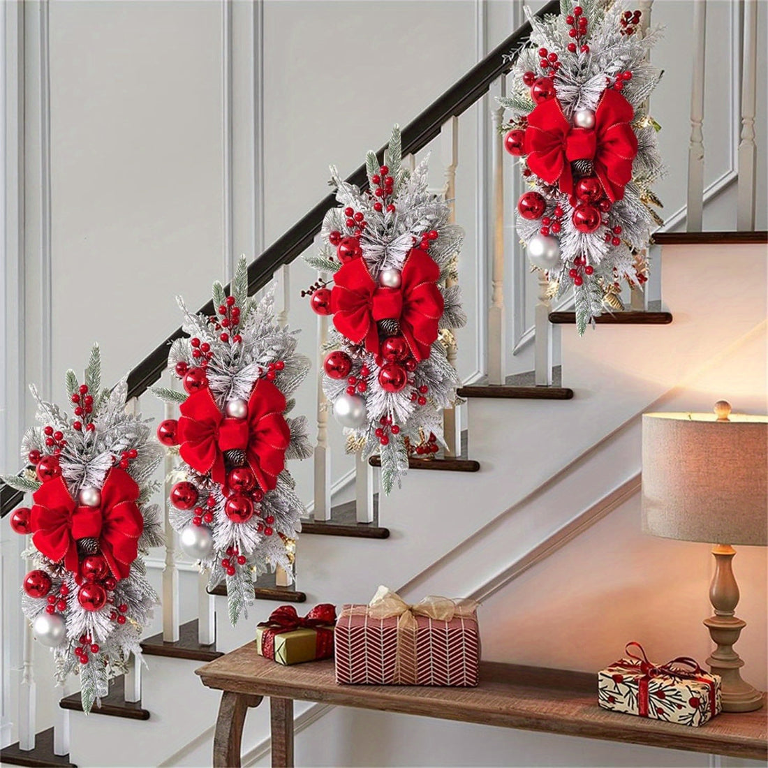 1pcs Christmas swag Garland Staircase Decoration Handmade Garland Christmas Staircase Garland Ornaments, Staircase Artificial Christmas Garland Wreath for Home Party Store Window Staircase Christmas Decoration...