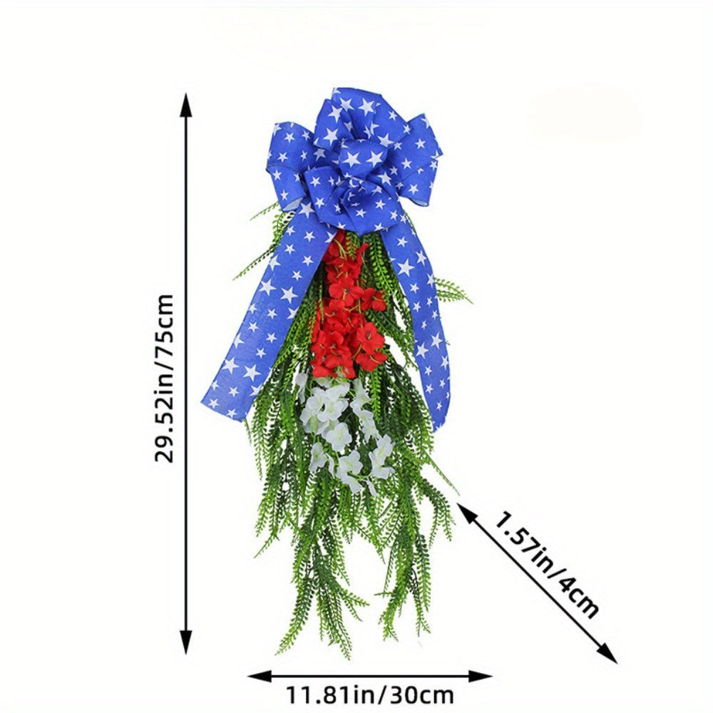 July 4th Independence Day Front Door Wreath White Blue Red 30 Inch Patriotic American Wreath with Bow Artificial Spring Hanging Greenery Teardrop Swag Wreath for Front Door Window Decoration...