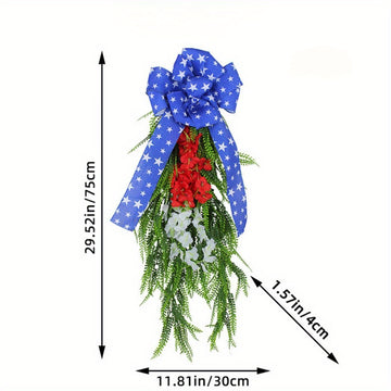 July 4th Independence Day Front Door Wreath White Blue Red 30 Inch Patriotic American Wreath with Bow Artificial Spring Hanging Greenery Teardrop Swag Wreath for Front Door Window Decoration...